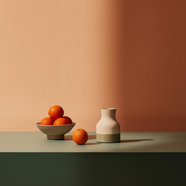 Un cuenco de naranjas y un jarrón con un jarrón blanco sobre una mesa.
