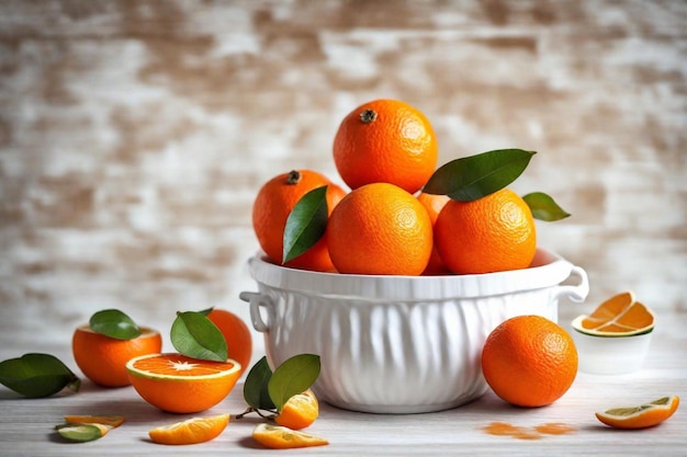 un cuenco de naranjas con un montón de hojas en el lado