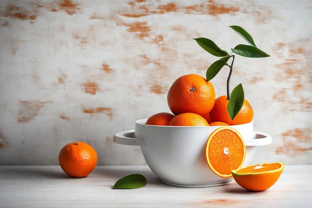 un cuenco de naranjas con un montón de hojas en el lado