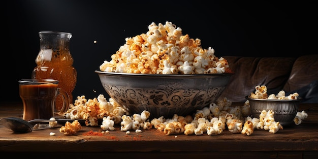 Un cuenco de palomitas de maíz en la mesa de la cocina