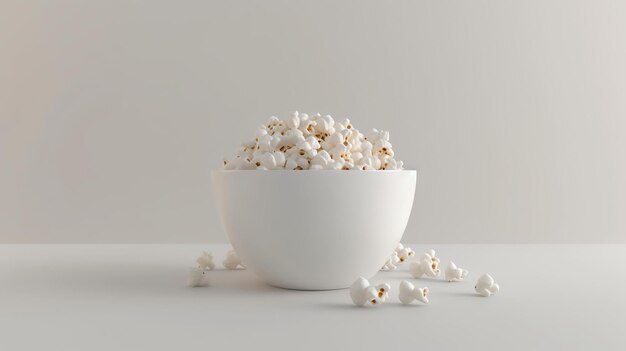 Un cuenco de palomitas de maíz se sienta en una mesa blanca contra un fondo blanco las palomites de maíz no tienen sabor ni mantequilla