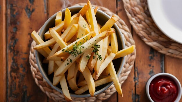 Un cuenco de papas fritas en una mesa de madera.