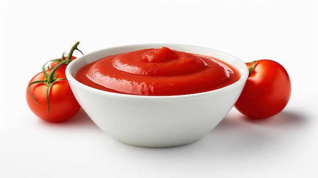 Cuenco con pasta de tomate aislada sobre un fondo blanco