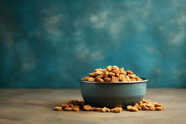 cuenco para perros con comida seca sobre una mesa de madera sobre fondo azul copia espacio generativo ai mascotas cuidado