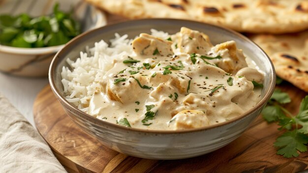 Cuenco de pollo con crema Korma con arroz y naan