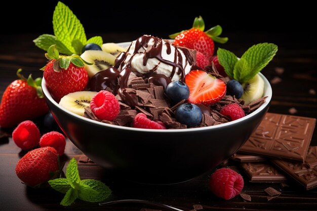 Foto cuenco de postre con indulgencia de chocolate de frutas frescas