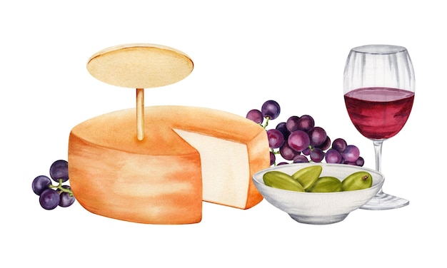 Un cuenco de queso de aceitunas verdes, racimos de uvas rojas y un vaso de vino tinto. Ilustración en acuarela