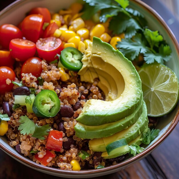 Foto cuenco de quinoa texmex con ilustración de alimentos de aguacate y lima