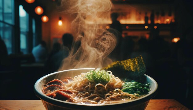 Foto un cuenco de ramen al vapor en un acogedor restaurante