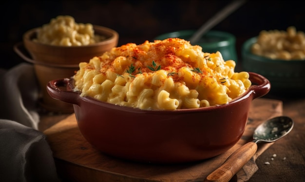 Cuenco rojo lleno de macarrones con queso encima de una tabla de cortar de madera IA generativa