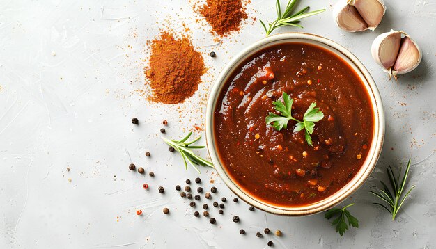 Un cuenco de sabrosa salsa de chipotle y especias en un fondo claro