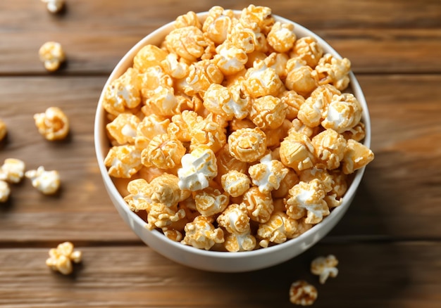 Un cuenco con sabrosas palomitas de maíz de caramelo en una mesa de madera