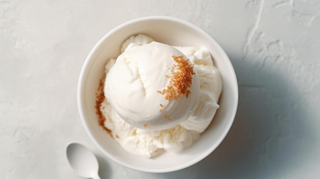 Un cuenco con un sabroso helado de vainilla en la mesa.