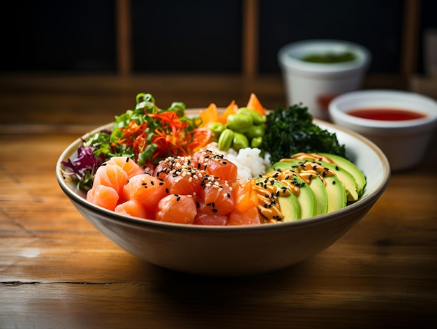 Cuenco de salmón con aguacate, edame, frijoles, ensalada verde, cebolla verde, algas, arroz, semillas de sésamo y salsa de nueces. Cuenca de sushi rica en omega-3 y proteínas.