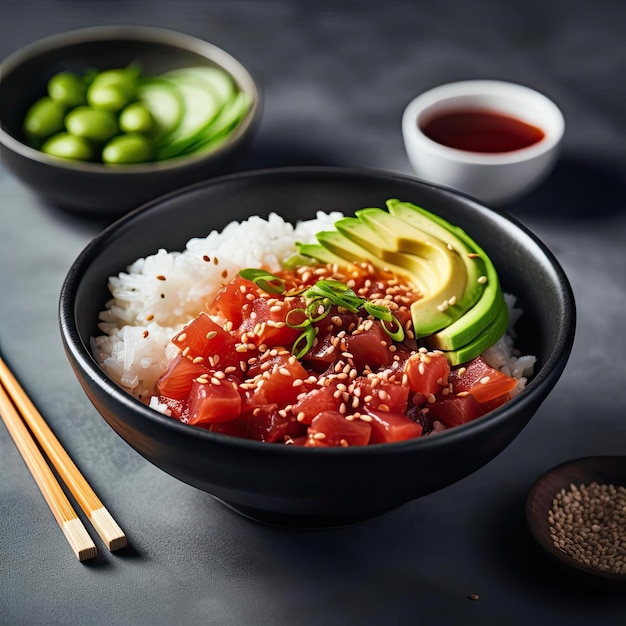 Cuenco de salmón hawaiano con arroz, aguacate, semillas de sésamo y salsa de soja sobre un fondo oscuro