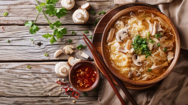 Foto un cuenco de sopa asiática con pollo y setas en una mesa de madera.