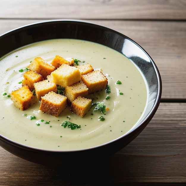 Un cuenco de sopa de brócoli con croutones de pan en un fondo de madera