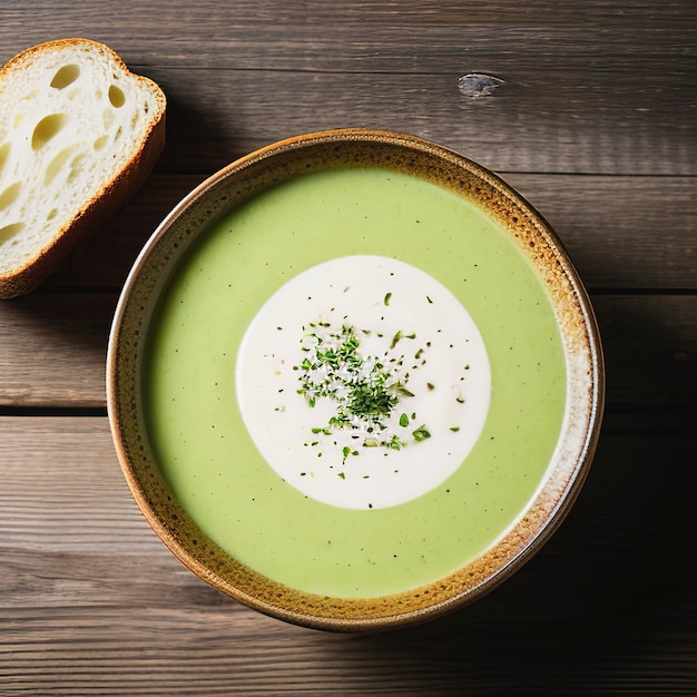 Un cuenco de sopa de brócoli con croutones de pan en un fondo de madera