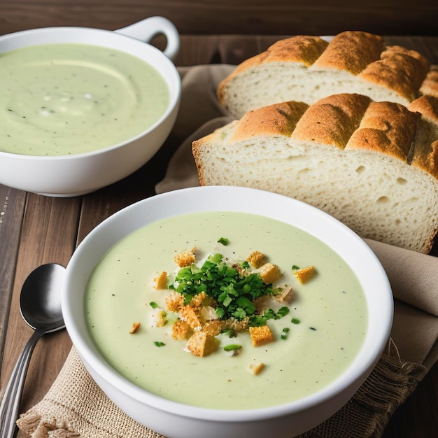 Un cuenco de sopa de brócoli con croutones de pan en un fondo de madera