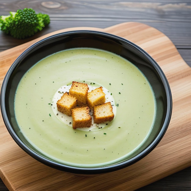 Un cuenco de sopa de brócoli con croutones de pan en un fondo de madera