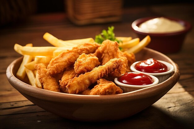 Foto un cuenco de tiras de pollo encima del ketchup