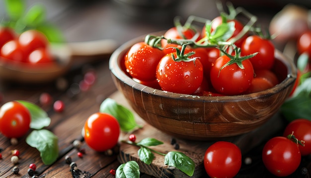 Un cuenco con tomates de cereza frescos en una mesa de madera.