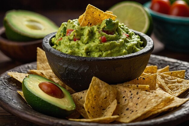 Cuenco tradicional de guacamole con recién hecho