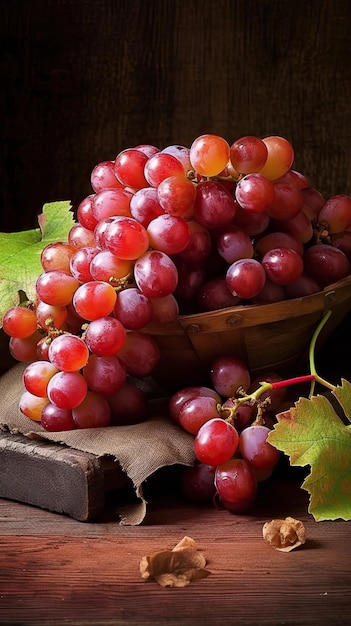 Un cuenco de uvas con hojas