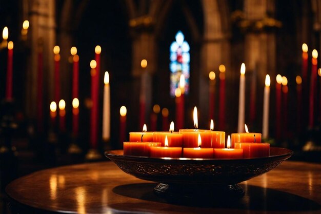 Foto un cuenco de velas con una iglesia en el fondo