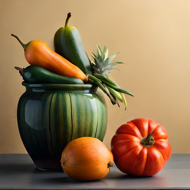 Un cuenco verde y naranja con un montón de verduras.