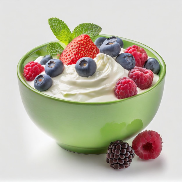 Cuenco verde de yogur griego y bayas frescas aisladas sobre un fondo blanco