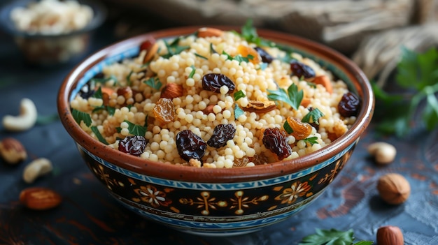 Un cuenco vibrante de couscous marroquí con pasas y nueces