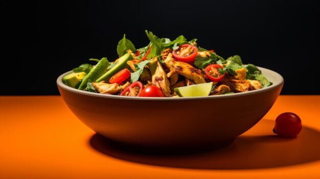 Un cuenco vibrante de ensalada se sienta en una mesa de madera adornada con una cereza jugosa