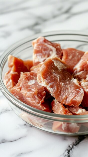 Foto cuenco de vidrio con carne en un mostrador de mármol