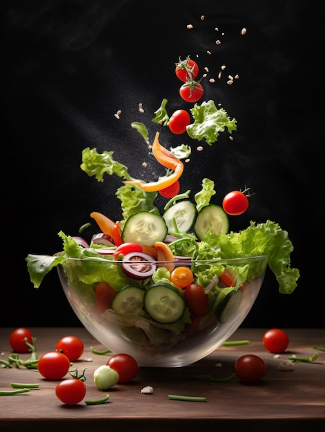 Foto un cuenco de vidrio lleno de ensalada en una mesa de madera