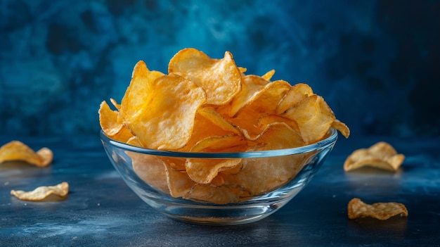 Un cuenco de vidrio lleno de papas fritas en la mesa