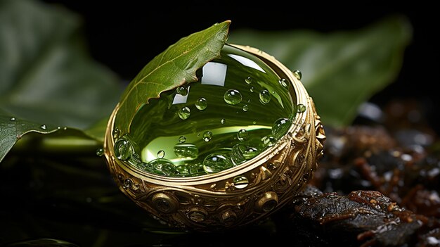 Foto un cuenco de vidrio verde con gotas de agua en él