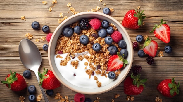 Un cuenco de yogur griego saludable con bayas vista de arriba hacia abajo