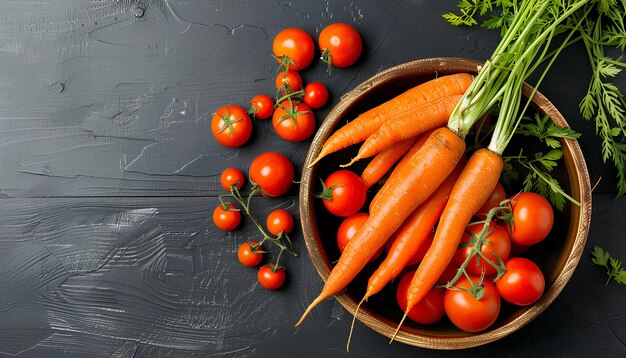 Cuenco con zanahorias frescas y tomates sobre un fondo de madera negra