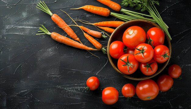 Cuenco con zanahorias frescas y tomates sobre un fondo de madera negra