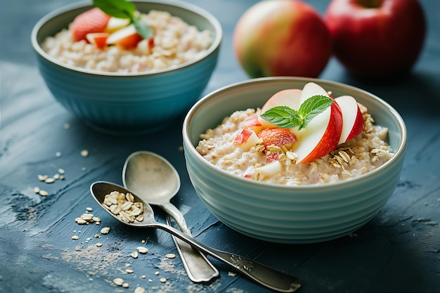 Cuencos de avena de manzana y jugo con cucharas