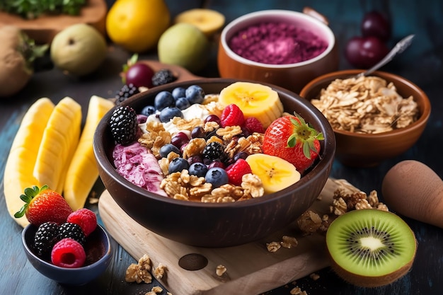 Cuencos de batido de acai de verano con fresa, plátano, arándano, kiwi y muesli Cuencos para el desayuno con frutas y cereales de primer plano