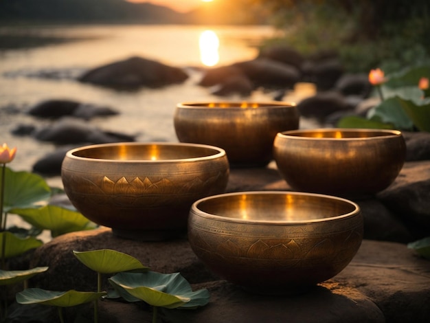 Foto cuencos cantantes meditación y cristales de loto energía curación paz contra el telón de fondo de la naturaleza