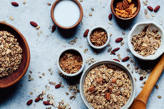 Cuencos de comida orgánica muesli y barra de granola sobre la mesa