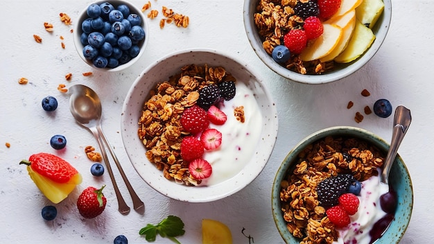 Cuencos de granola con frutas y bayas de yogur en una superficie blanca