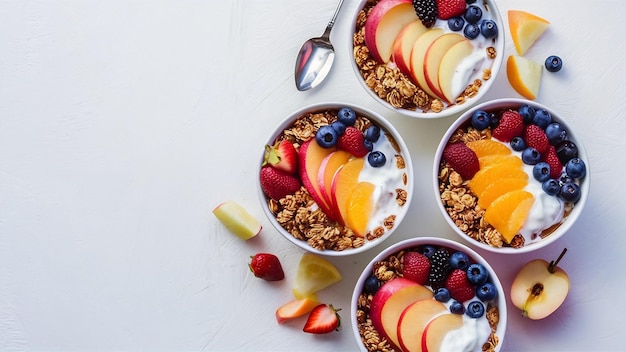 Cuencos de granola con frutas y bayas de yogur en una superficie blanca