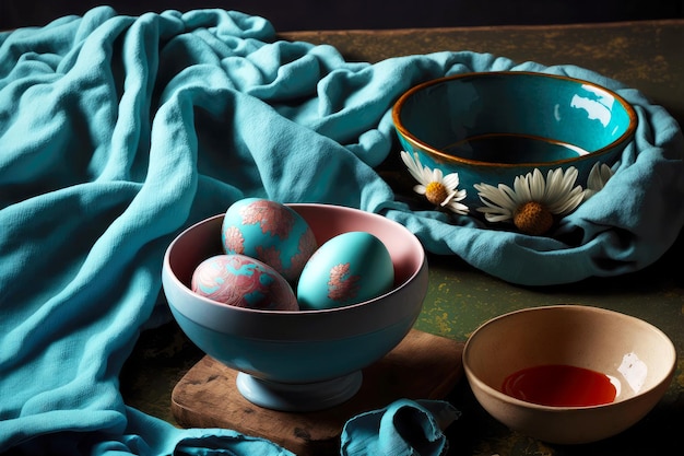 Cuencos con huevo de pascua pintado sobre una toalla azul en la mesa