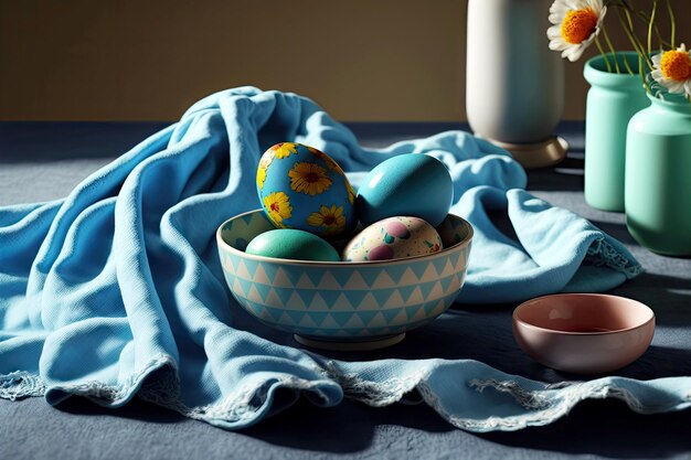 Cuencos con huevo de pascua pintado sobre una toalla azul en la mesa