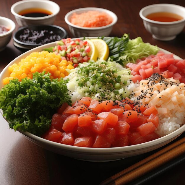 Foto cuencos japoneses de marisco y verduras