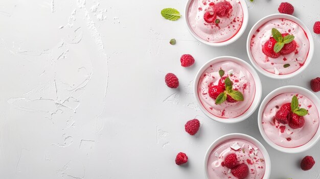 Cuencos de yogur de fresa saludable sobre un fondo blanco